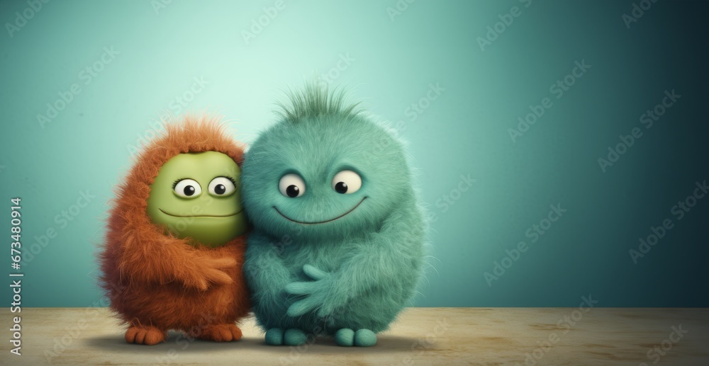 Cute creatures hugging each other. Concept for international hug day. Free copy space Cute creatures hugging each other. Concept for international hug day. Free copy space