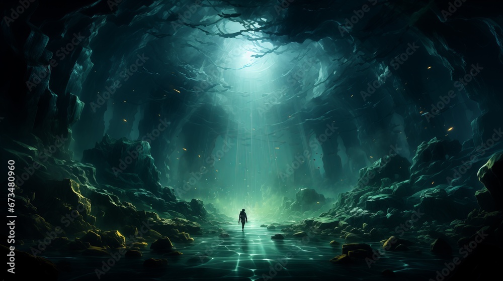 One person is swimming through a cool underwater cave, in the style of suspended/hanging, ethereal seascapes One person is swimming through a cool underwater cave, in the style of suspended/hanging, ethereal seascapes