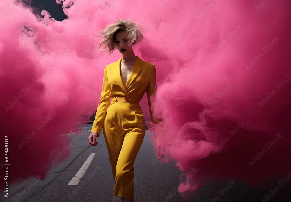 Obraz premium Pink Smoke: A Photo of a Person with a Blurred Face and a Colorful Expression