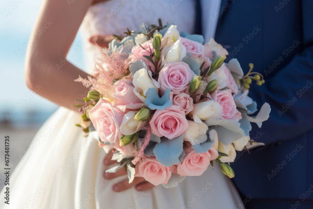The bride holds soft wedding bouquet of roses, peonies and eustoma. Generative AI The bride holds soft wedding bouquet of roses, peonies and eustoma. Generative AI