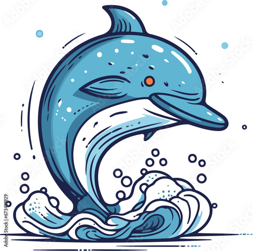 Dolphin jumping out of the water. Vector illustration in cartoon style.