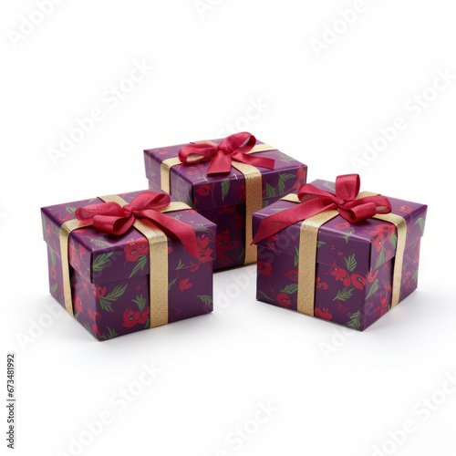Boxes with Christmas gifts. Colorful boxed Christmas gifts isolated on white background. Gifts with bows in colorful, decorated paper.