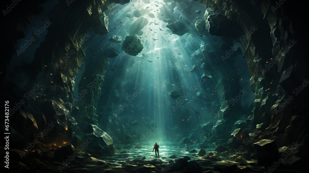 One person is swimming through a cool underwater cave, in the style of suspended/hanging, ethereal seascapes