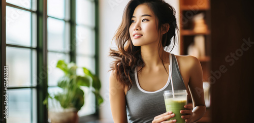 Sipping Health: Young Asian Woman Drinks Protein Shake After Yoga