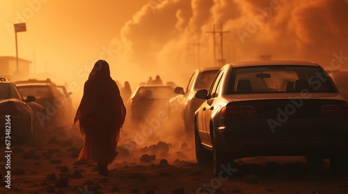 Dust storm in the air in the hot Arabian desert, we are approaching the city, sandstorm
