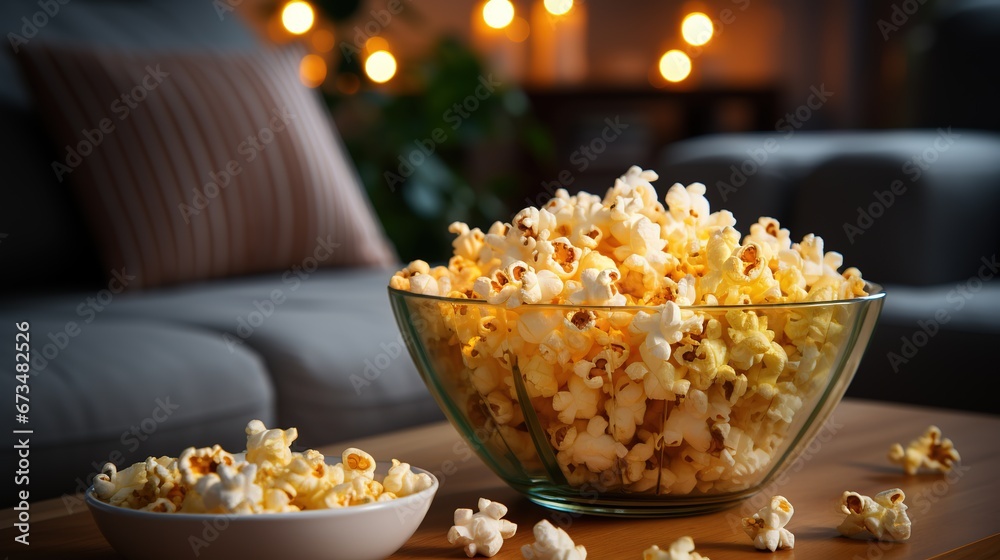A glass Bowl of popcorn stands on the table in the living room for watching a movie time at home, background lights A glass Bowl of popcorn stands on the table in the living room for watching a movie time at home, background lights