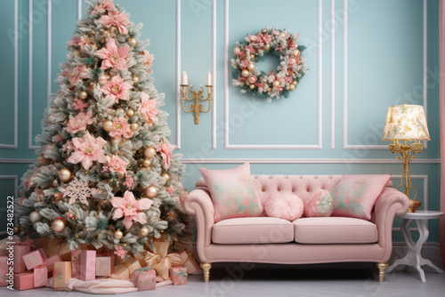 A cozy living room with a Christmas tree adorned with elegant pink floral decorations. Generative AI