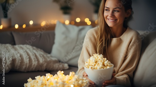 Woman brunette sitting at home on a cozy sofa, holding a bowl of popcorn for movie watching in the home theater