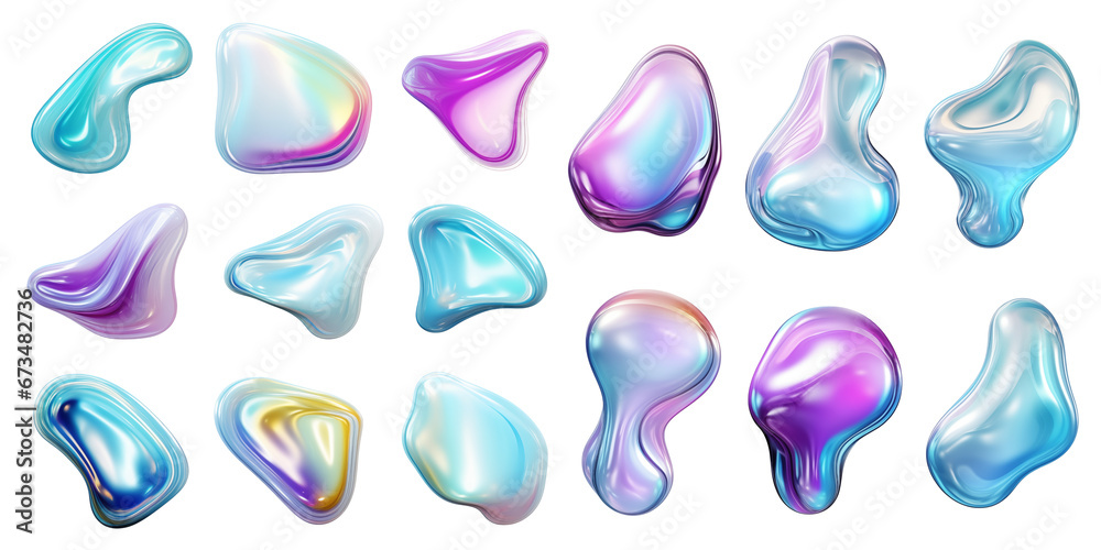 Obraz premium Colorful 3D iridescent shapes. Set of isolated holographic liquid bubbles. Generative AI
