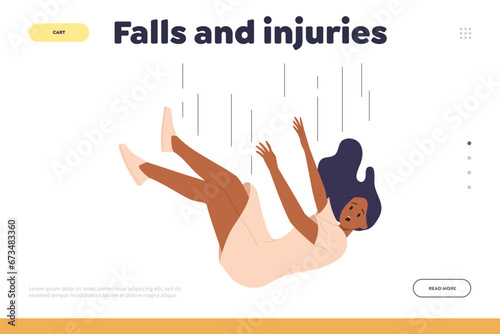 Falls and injuries concept for landing page template with young woman tumbling down from height