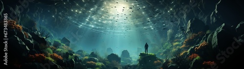 One person is swimming through a cool underwater cave, in the style of suspended/hanging, ethereal seascapes photo