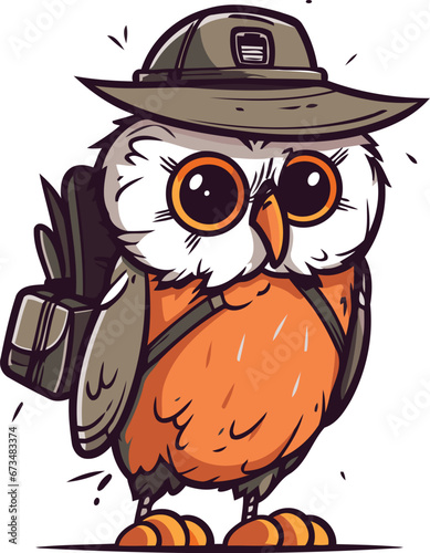 Owl in a hat and with a camera. Vector illustration.