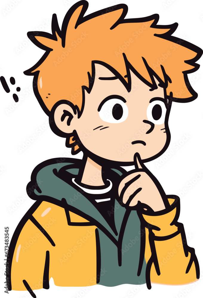 Illustration of a boy thinking about something with his finger on his chin Illustration of a boy thinking about something with his finger on his chin