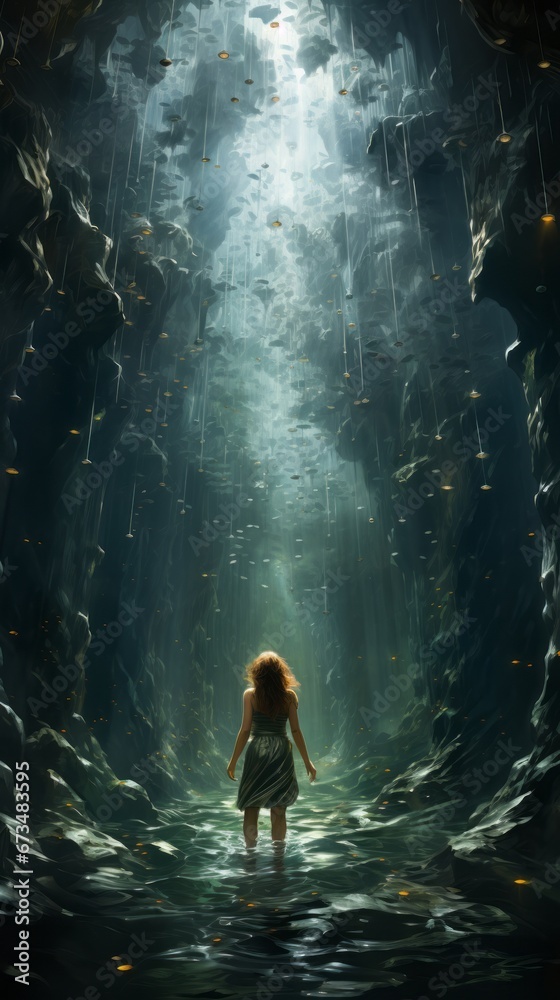 Obraz premium One person is swimming through a cool underwater cave, in the style of suspended/hanging, ethereal seascapes