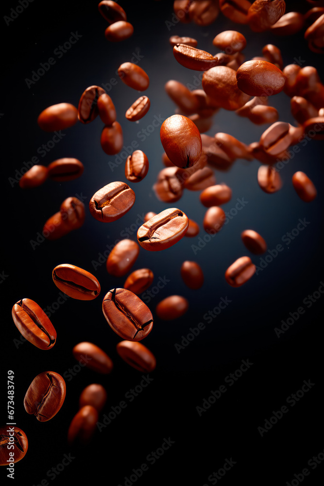 Coffee beans are shown in motion on black background, in the style of dynamic poses. Coffee beans are shown in motion on black background, in the style of dynamic poses.