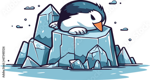 Cute penguin sleeping on iceberg. Vector illustration in cartoon style.