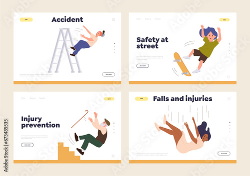 Accident protection, injury prevention, safety at street and on work landing page template set