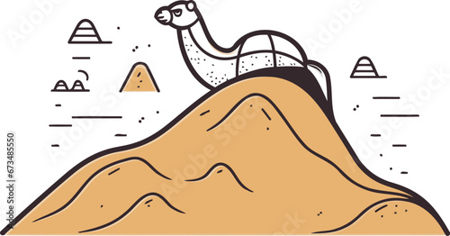 Camel on the top of the mountain. Vector illustration in linear style