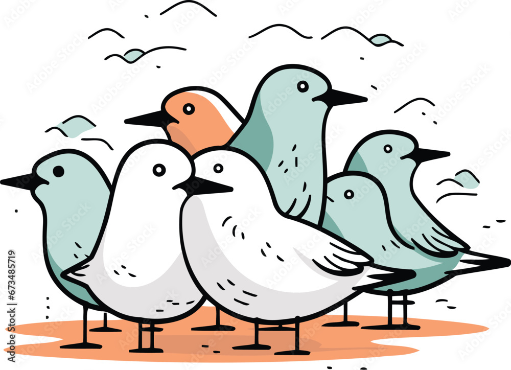 Fototapeta premium Vector illustration of a group of seagulls on white background.