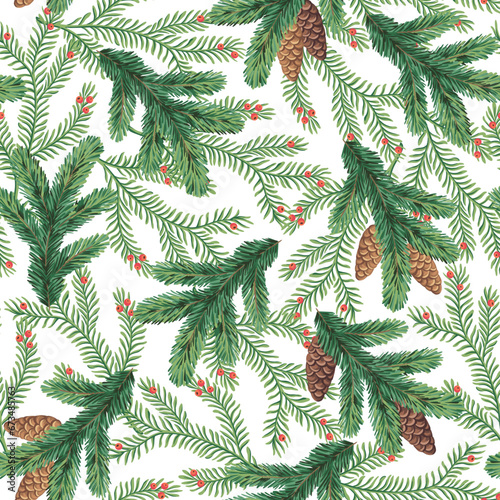 Christmas tree branch and cone seamless pattern. Holiday wallpaper.