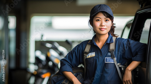 An empowering portrait of a female Japanese delivery person, exemplifying the dedication and strength in breaking gender norms