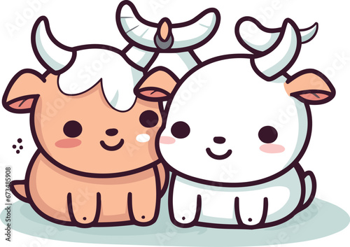 Cute cartoon cow and bull. Vector illustration on white background.