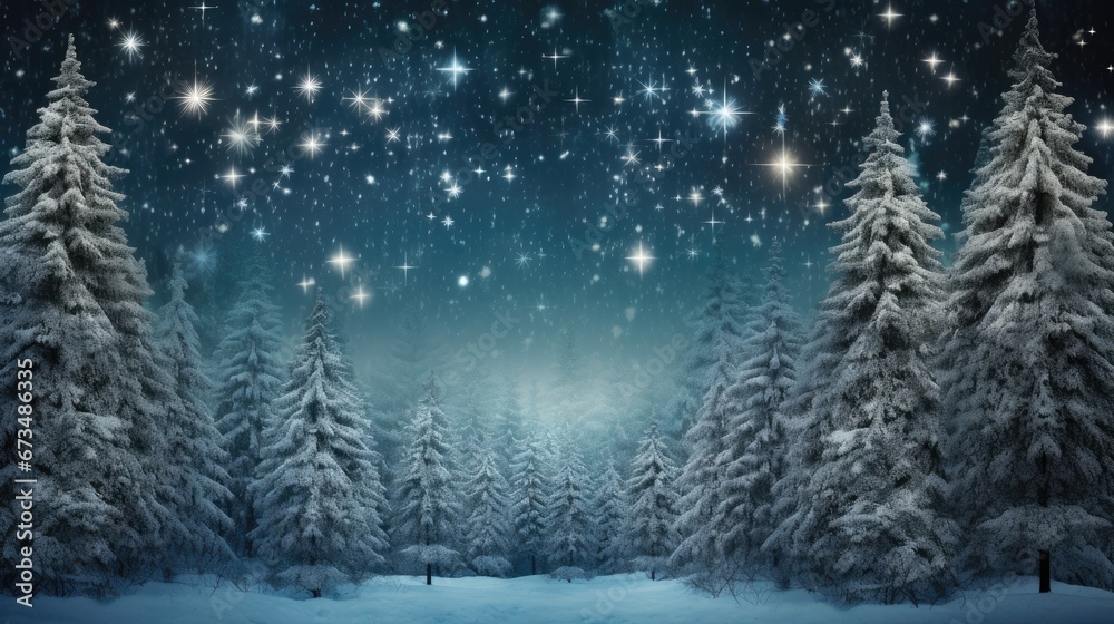 Night dark Forest winter landscape with fir trees on starry sky background. Moody botanical atmosphere illustration. Dreamy wallpaper for Christmas or New Year greetings.