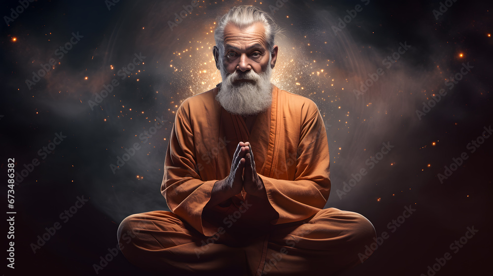 Beautiful old man meditating, his mind connected with the whole Universe. Conceptual portrait. - obrazy, fototapety, plakaty 