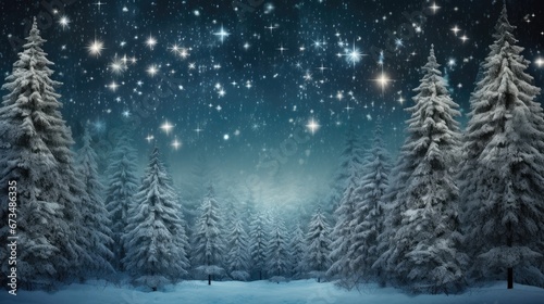 Night dark Forest winter landscape with fir trees on starry sky background. Moody botanical atmosphere illustration. Dreamy wallpaper for Christmas or New Year greetings.
