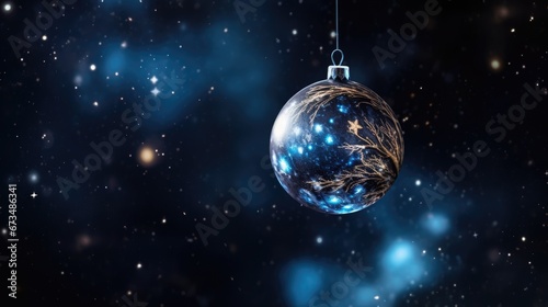 Christmas  tree decorative ornaments ball Hanging Fir Branch bokeh background. Merry Xmas decoration. Happy New Year holiday object.