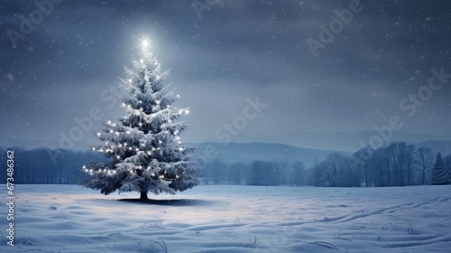 Decorated Christmas tree with garland lights in winter night forest fantasy landscape background. Happy New Year, Marry Xmas, Winter Holidays concept. Festive wallpaper for greeting card, flyer.