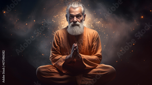 Beautiful old man meditating, his mind connected with the whole Universe. Conceptual portrait. photo