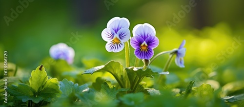 The meadow is where Viola arvensis a delicate white yellow field violet grows Its small flowers beautiful and wild can be found among the lush greenery of the forest Up close they create a s photo