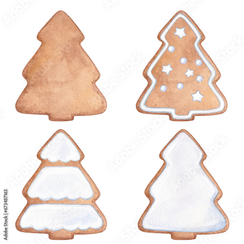 Set of gingerbread cookies. Watercolor hand drawn illustration of New Year's traditional sweets. Clipart on a white background on the theme of the Christmas holidays.
