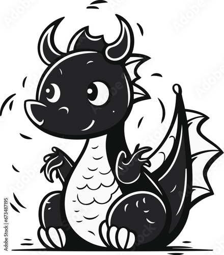 Cute cartoon dragon. Vector illustration in black and white colors. © Ehtisham