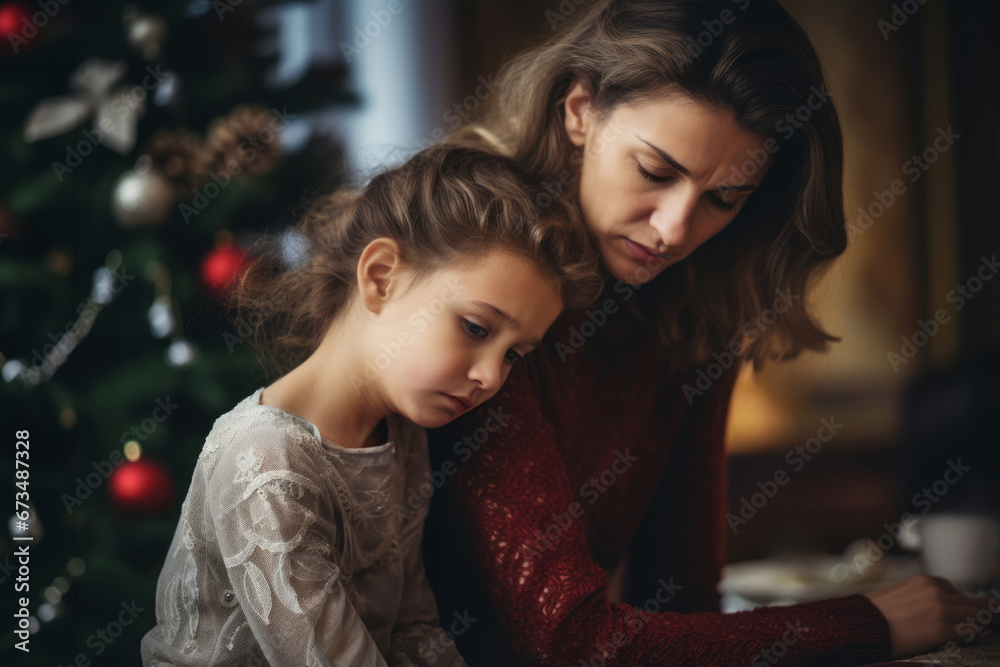 Sad Christmas at home. Upset little girl sitting at table during Christmas eve dinner, snuggled up to her mother. Solitude, loneliness, sorrow, loss, grief, divorce, family problems - obrazy, fototapety, plakaty 