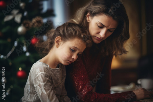 Sad Christmas at home. Upset little girl sitting at table during Christmas eve dinner, snuggled up to her mother. Solitude, loneliness, sorrow, loss, grief, divorce, family problems