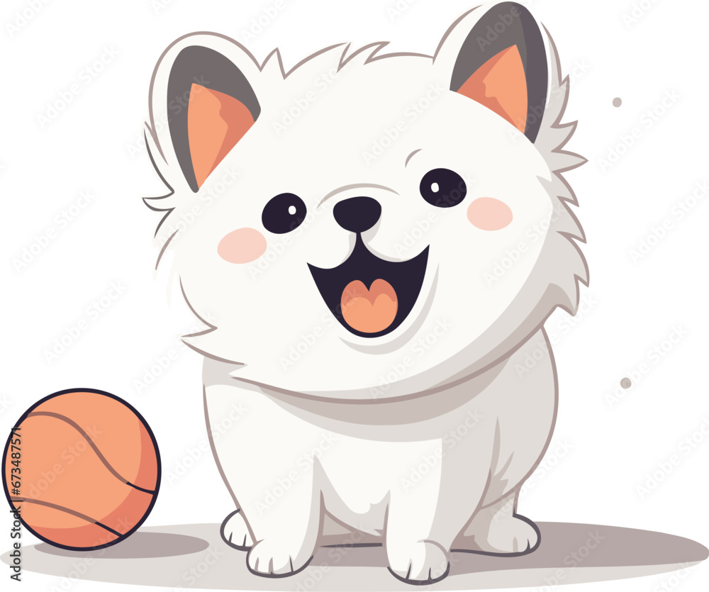 Obraz premium Cute white dog with ball. cartoon vector illustration isolated on white background.