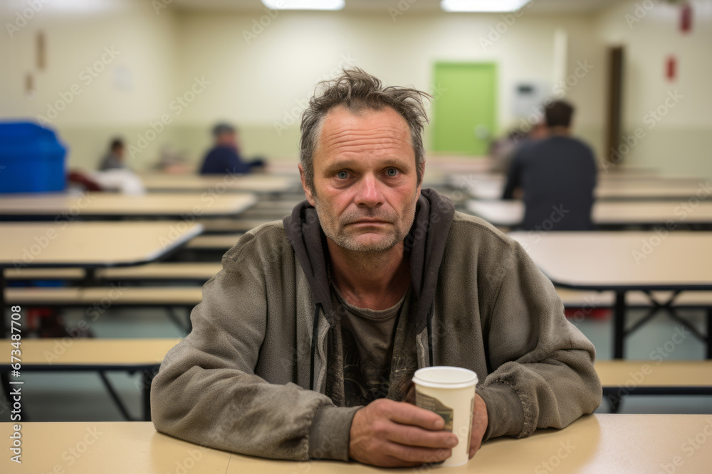 Homeless man sitting at table and drinking coffee in shelter. Poverty, misery, bankruptcy, financial hardship, problems, crisis, volunteering concept Homeless man sitting at table and drinking coffee in shelter. Poverty, misery, bankruptcy, financial hardship, problems, crisis, volunteering concept