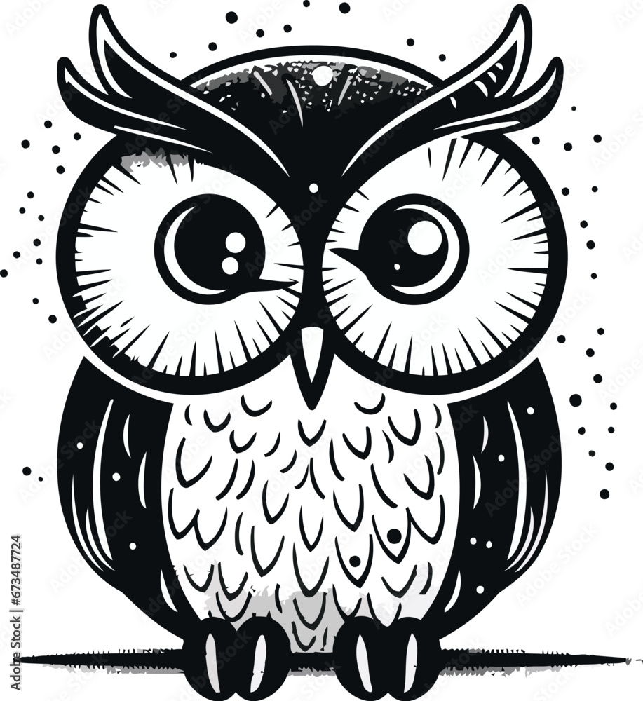 Owl. Black and white vector illustration isolated on white background.