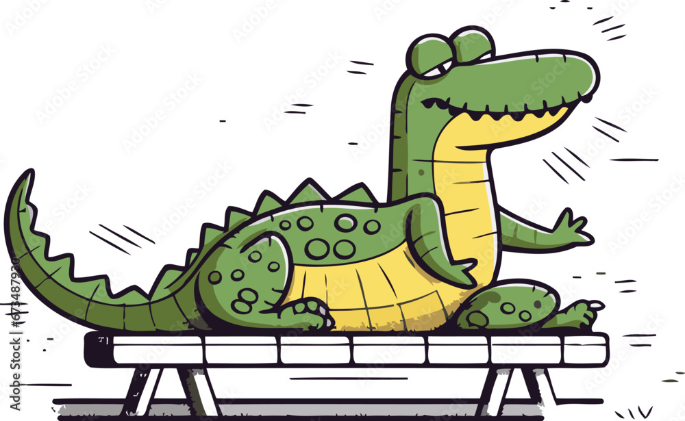 Fototapeta premium Cartoon crocodile sitting on a bench. Vector illustration for your design