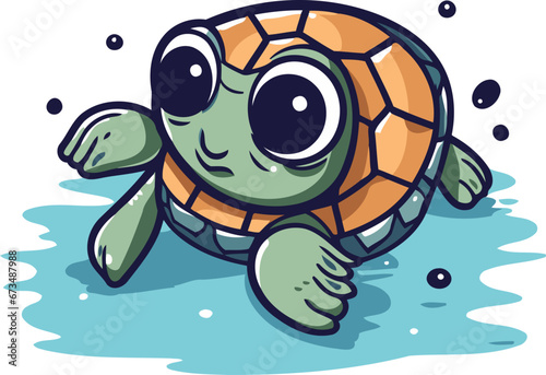 Cute cartoon turtle on the water. Vector illustration isolated on white background.