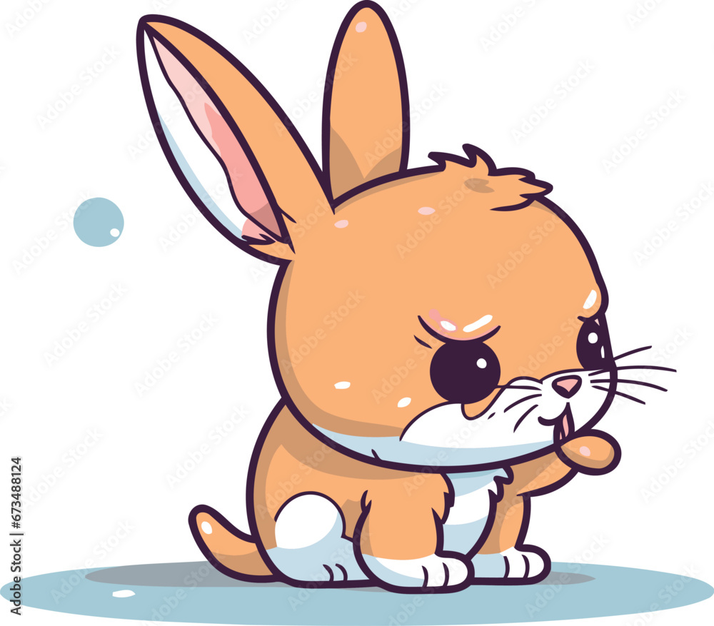 Cute cartoon rabbit sitting and holding a mouse. Vector illustration.
