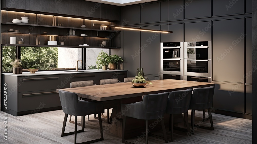 a beautiful coffee cup strategically placed on an island or table countertop in a modern home kitchen, the detail of the dark grey kitchen design,