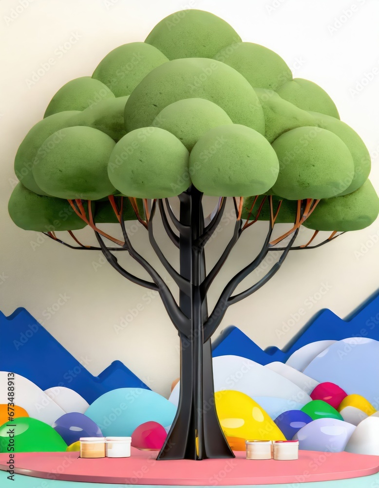 Grand Arbre et Paysage Coloré en Maquette