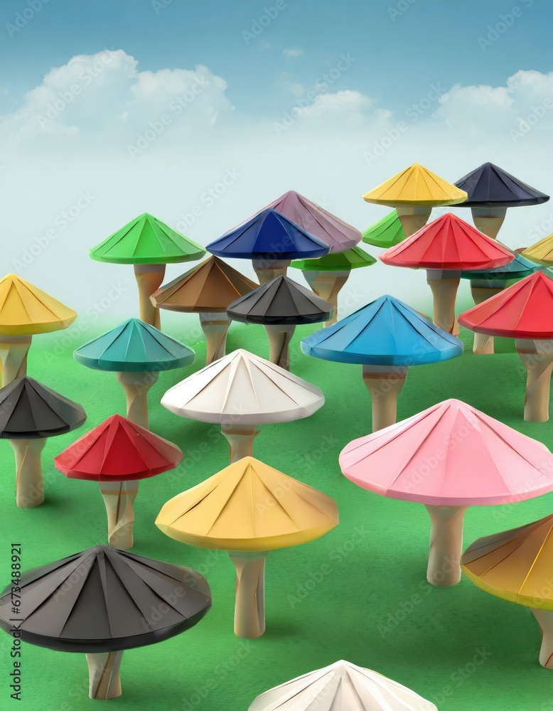 Champ de Champignons Colorés en Maquette