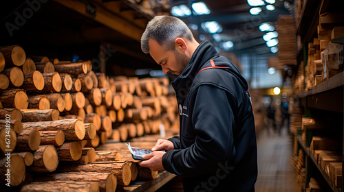 manager inspection wood at huge wood factory