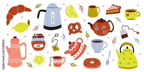 Vector set of color tea illustrations. Teapot, cup, donut, croissant, kettle.  Cute collection of hand drawn teapots and cups. Objects on white isolated background. Doodle style. Banner, poster.