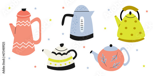 Vector set of cute teapots in doodle style. Kettles on white isolated background.