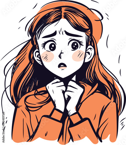 Vector illustration of a girl in a red coat with a sad expression
